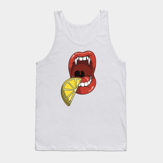 Mouth with vampire teeth about to take a bite into a slice of a sour lemon Tank Top by Fruit Tee